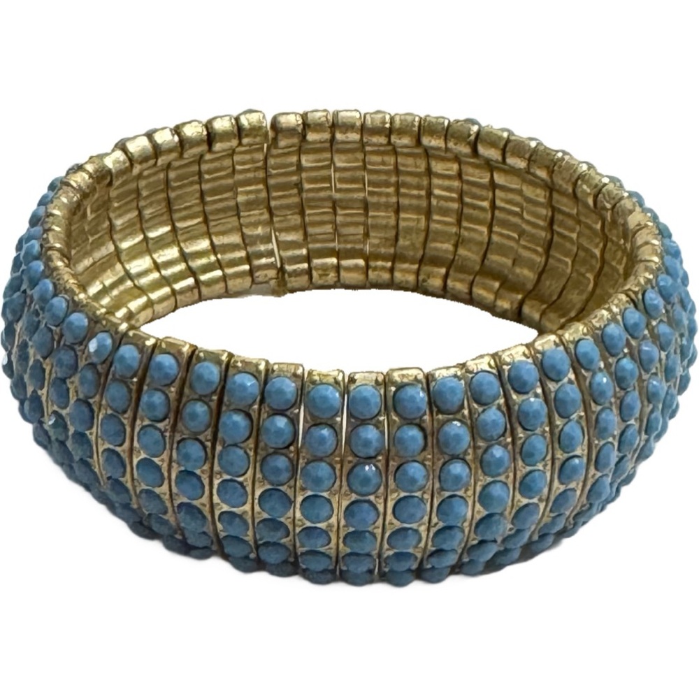 Turquoise Color Wide Gold Tone Beaded Bracelet Stretch Adjustable Jewelry